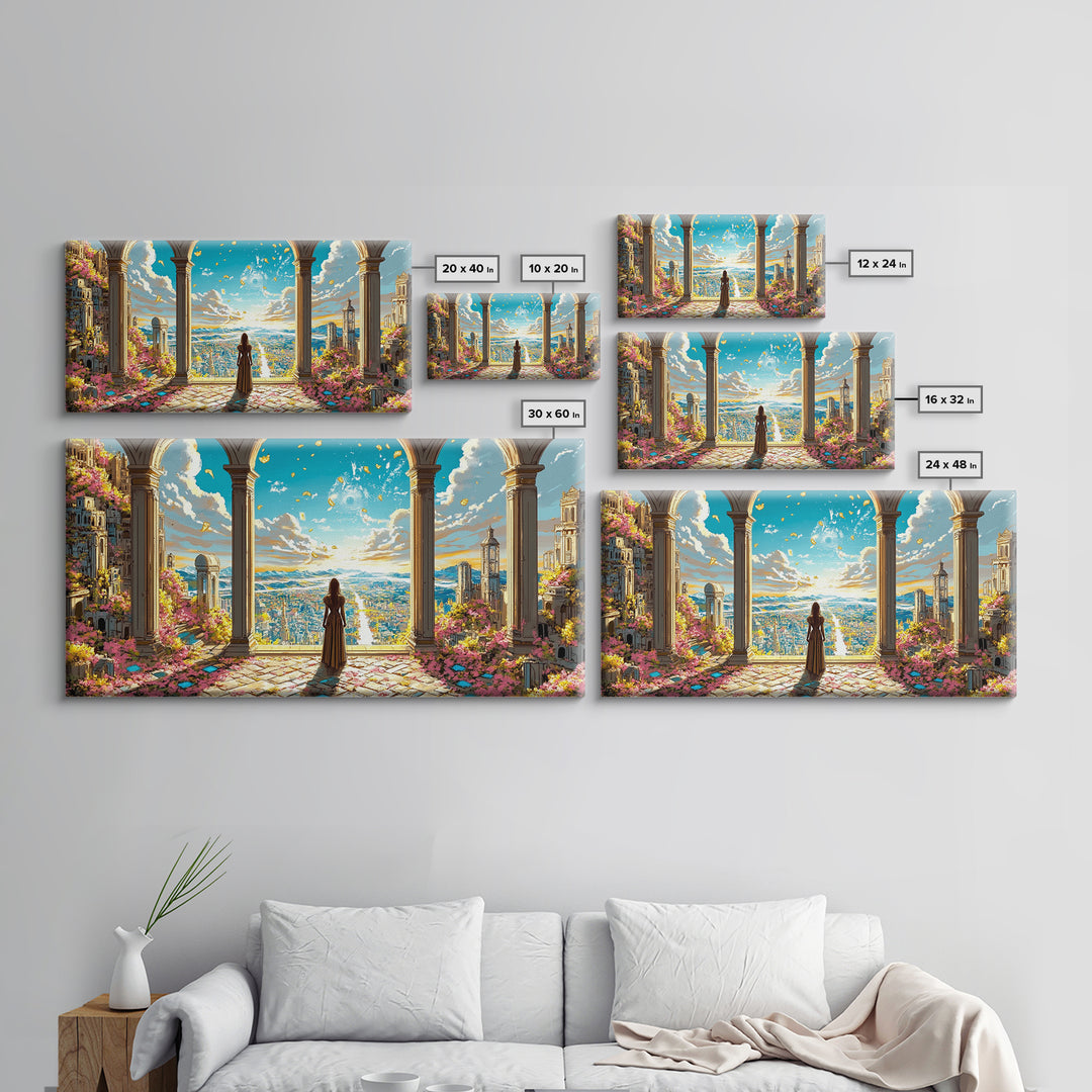Arched Terrace Fantasy City Wall Art, Woman Over Sunlit Kingdom Framed Canvas Print, Maximalist Decor, Statement Artwork