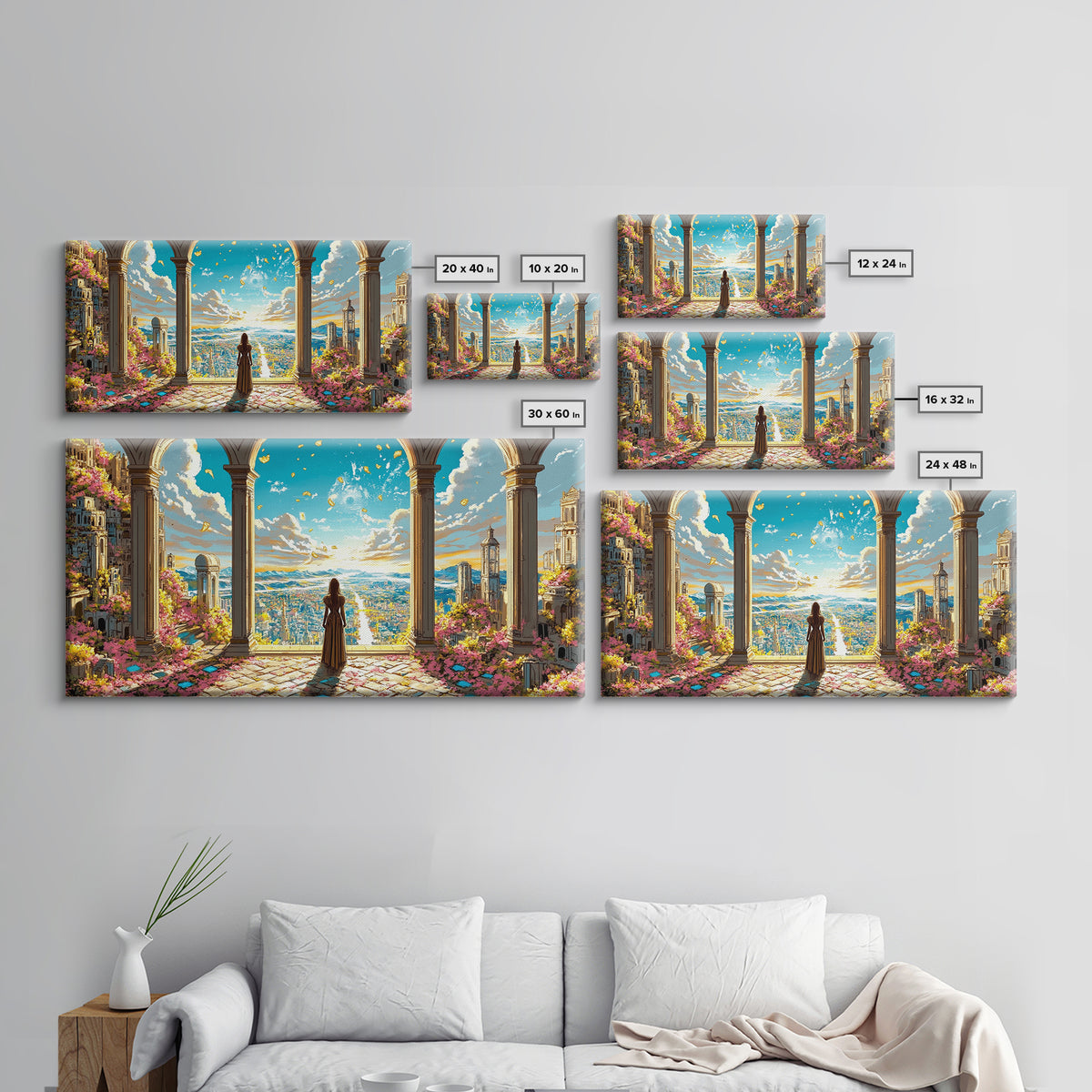 Arched Terrace Fantasy City Wall Art, Woman Over Sunlit Kingdom Framed Canvas Print, Maximalist Decor, Statement Artwork