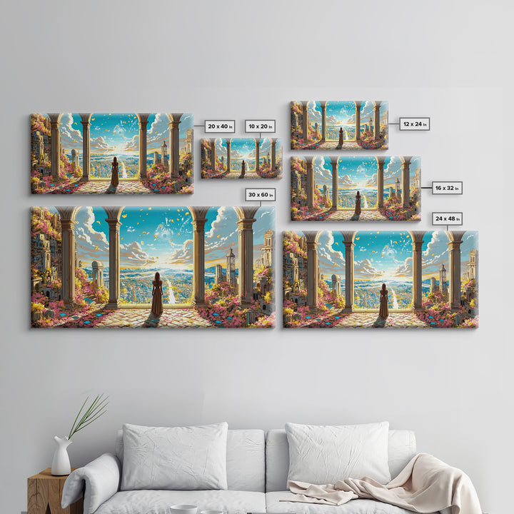 Arched Terrace Fantasy City Wall Art, Woman Over Sunlit Kingdom Framed Canvas Print, Maximalist Decor, Statement Artwork