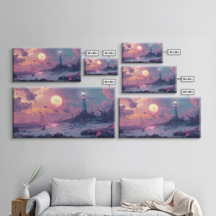 Pink Moon Lighthouse Seascape Wall Art, Fantasy Coastal Canvas Print, Moody Ocean Decor, Celestial Wall Art For Bedroom Decor