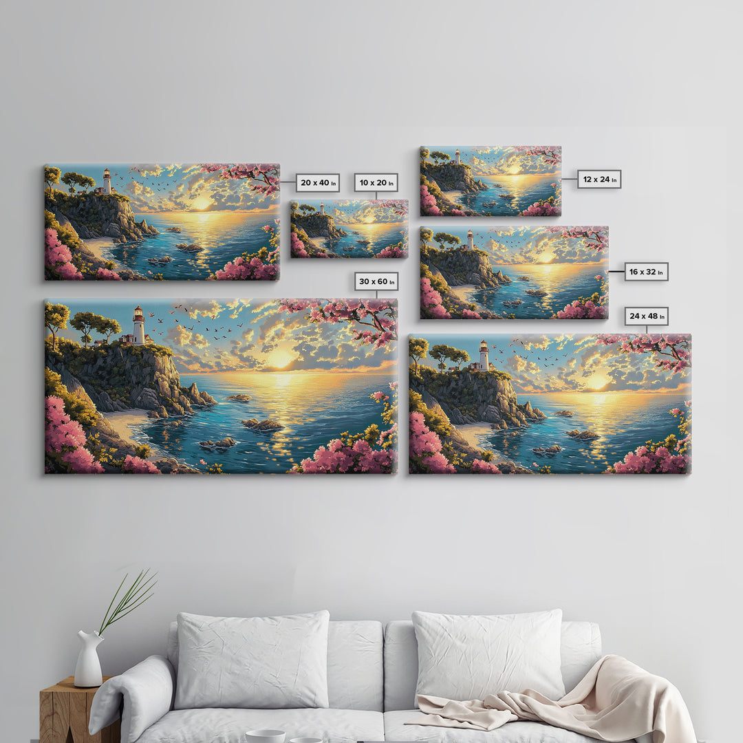 Sunlit Lighthouse Cliff Wall Art, Coastal Ocean Seascape Canvas Print, Beach House Decor, Nautical Wall Art Gift For Her
