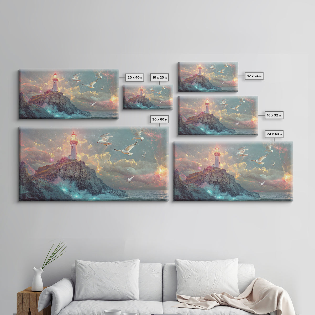 Stormy Lighthouse On Rocky Cliff Wall Art, Dramatic Seascape Framed Canvas Print, Nautical Decor, Coastal Wall Art Gift For Him