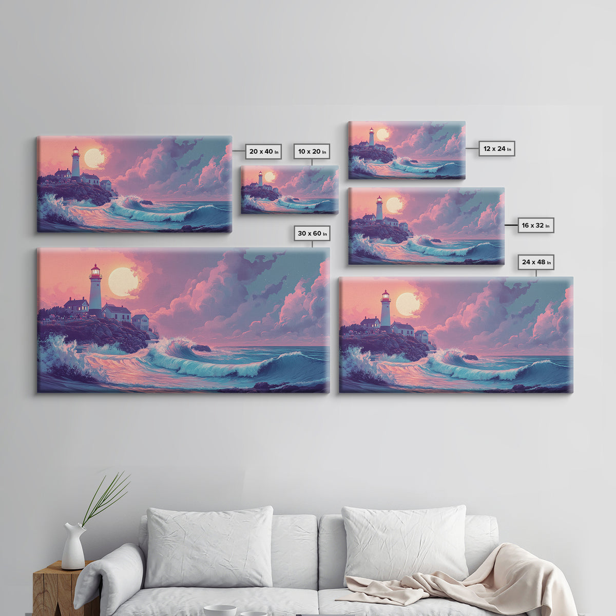 Pastel Moon Lighthouse Wave Wall Art, Dreamy Coastal Seascape Canvas Print, Beach House Decor, Pink Ocean Wall Art Gift For Her