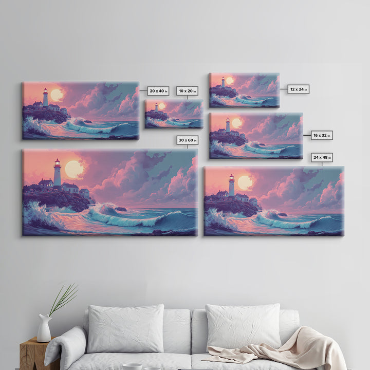 Pastel Moon Lighthouse Wave Wall Art, Dreamy Coastal Seascape Canvas Print, Beach House Decor, Pink Ocean Wall Art Gift For Her