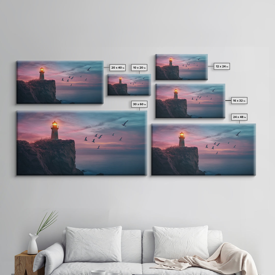 Twilight Lighthouse Cliff Wall Art, Moody Ocean Seascape Canvas Print, Nautical Office Decor, Coastal Wall Art Gift For Him