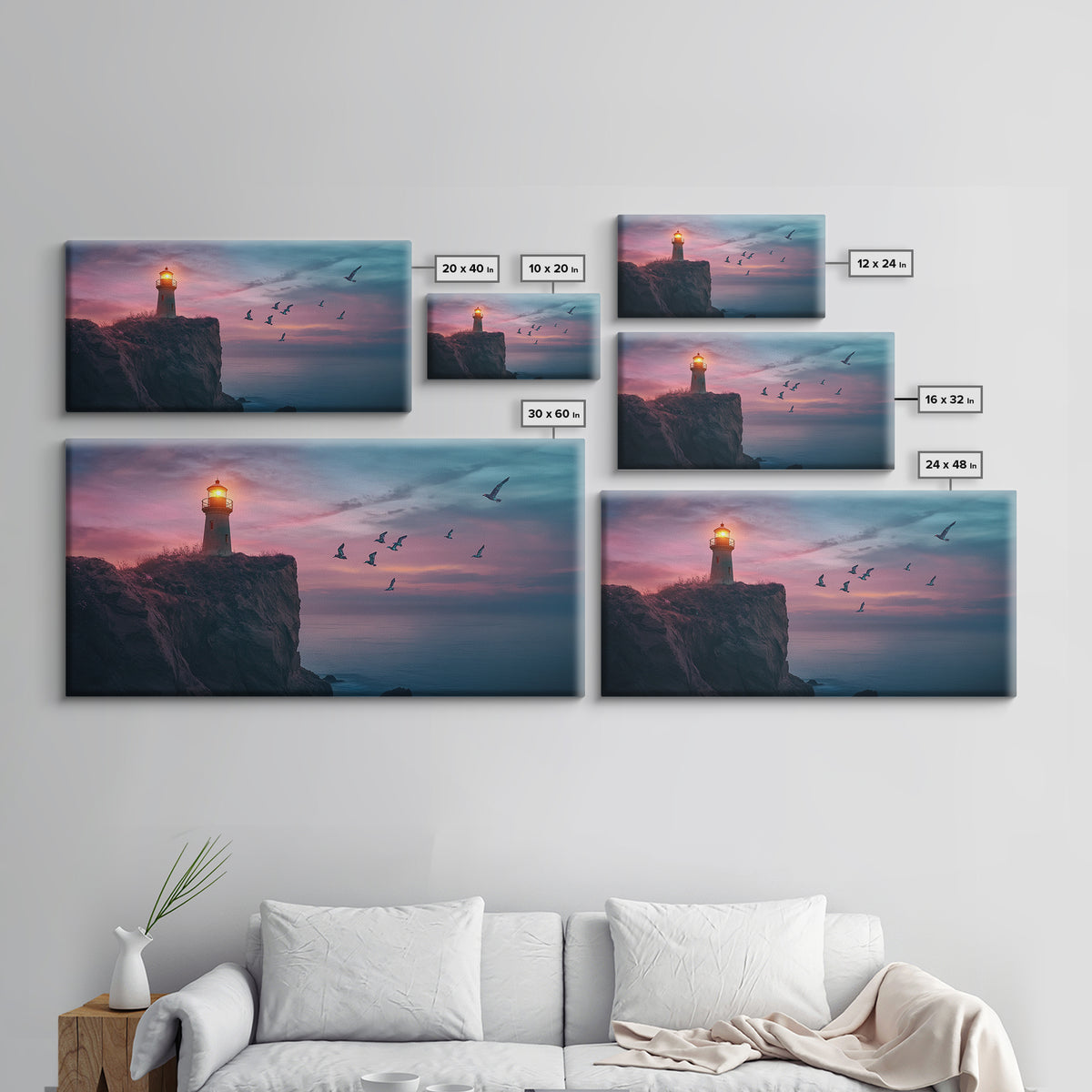 Twilight Lighthouse Cliff Wall Art, Moody Ocean Seascape Canvas Print, Nautical Office Decor, Coastal Wall Art Gift For Him