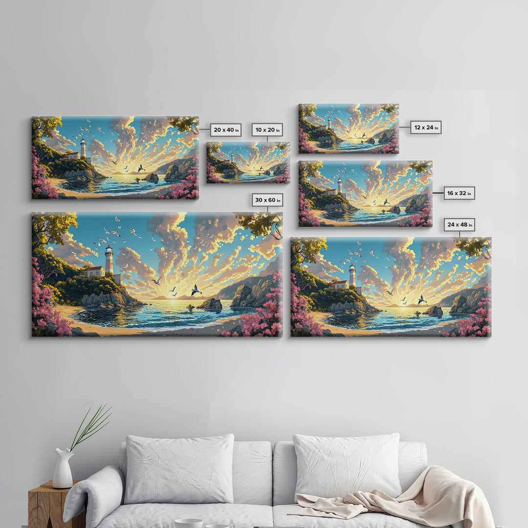 Sunlit Lighthouse Cove With Pink Flowers Canvas Print, Coastal Wall Art, Ocean Seascape, Beach House Decor Gift For Living Room Decor