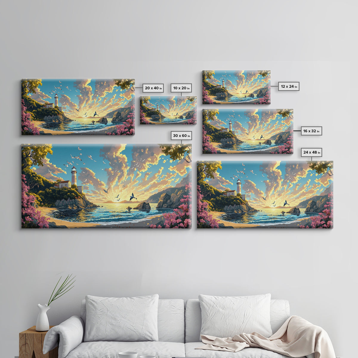 Sunlit Lighthouse Cove With Pink Flowers Canvas Print, Coastal Wall Art, Ocean Seascape, Beach House Decor Gift For Living Room Decor