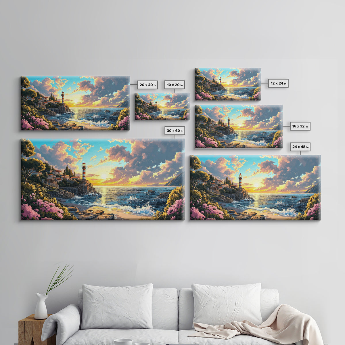 Striped Lighthouse Village At Golden Sunset Framed Canvas Print, Coastal Wall Art, Ocean Painting, Beach House Decor Gift