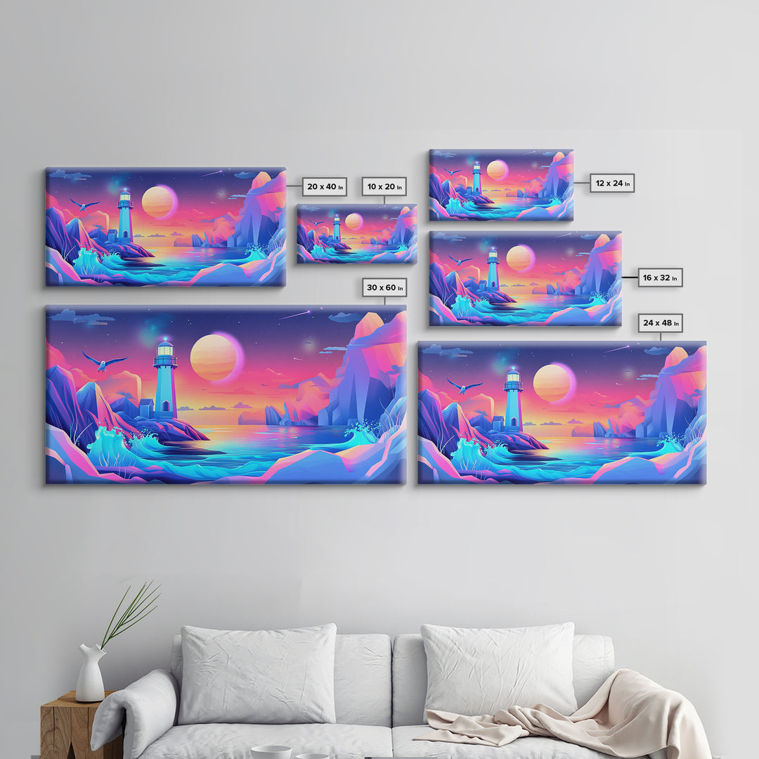 Neon Iceberg Lighthouse Under Giant Moon Canvas Print, Futuristic Wall Art, Cyberpunk Decor, Sci Fi Ocean Landscape Poster