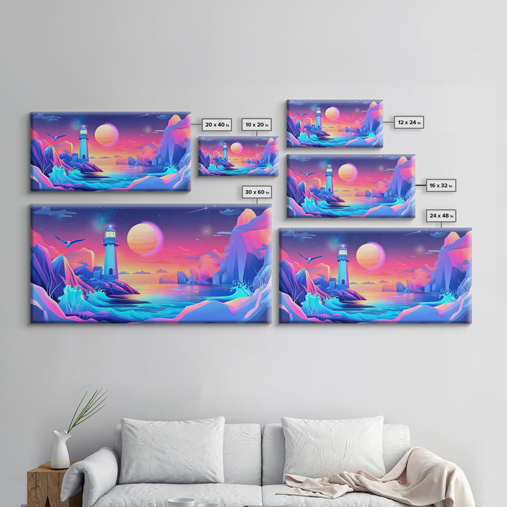 Neon Iceberg Lighthouse Under Giant Moon Canvas Print, Futuristic Wall Art, Cyberpunk Decor, Sci Fi Ocean Landscape Poster