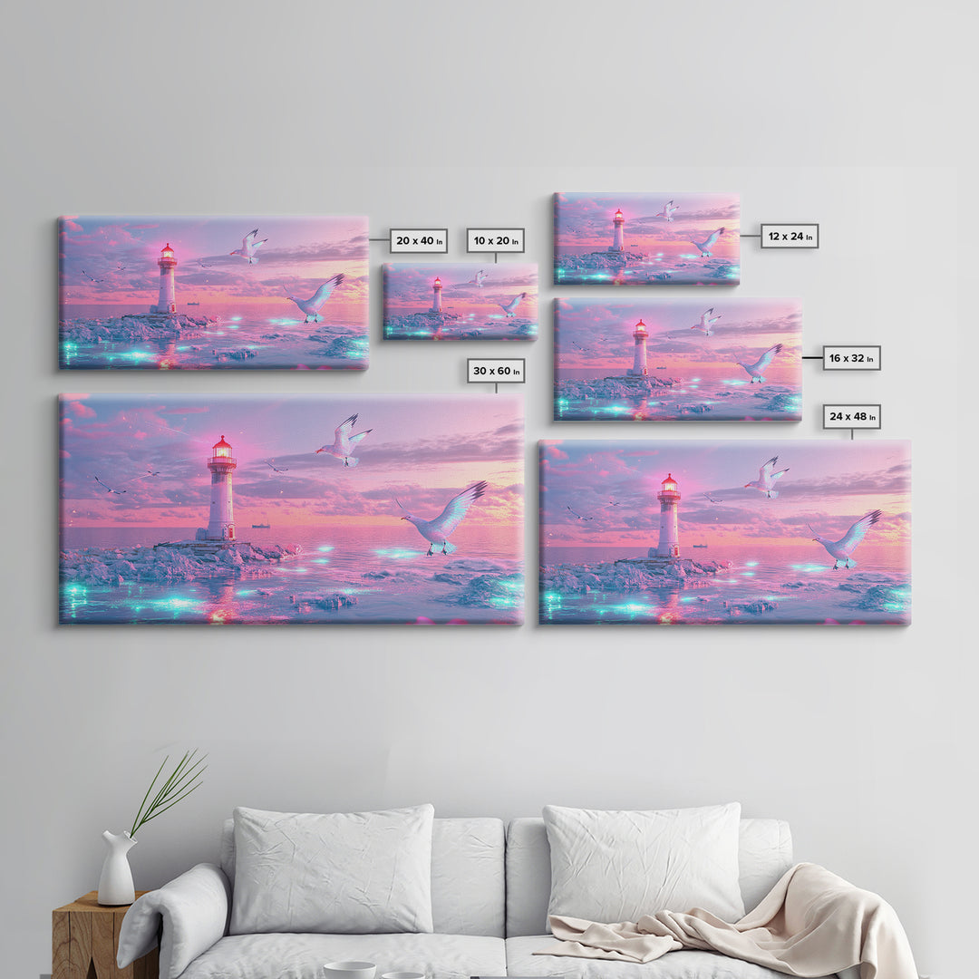 Pastel Pink Lighthouse On Glowing Sea Canvas Print, Coastal Wall Art, Dreamy Seascape, Beach Decor For Bedroom Wall Decor