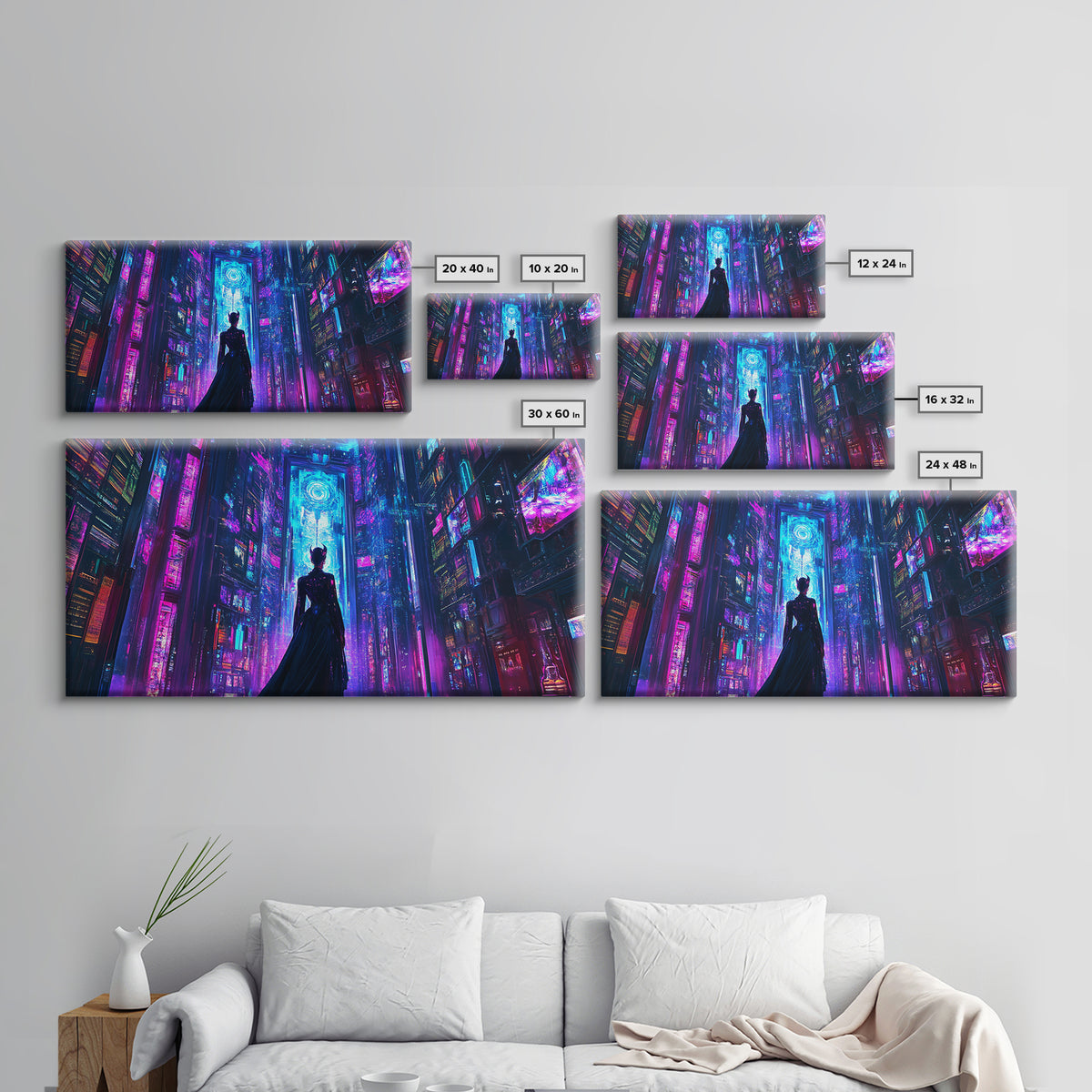 Silhouetted Woman In Neon Cyberpunk City Canvas Print, Futuristic Wall Art, Sci Fi Decor, Gaming Room Statement Art Poster