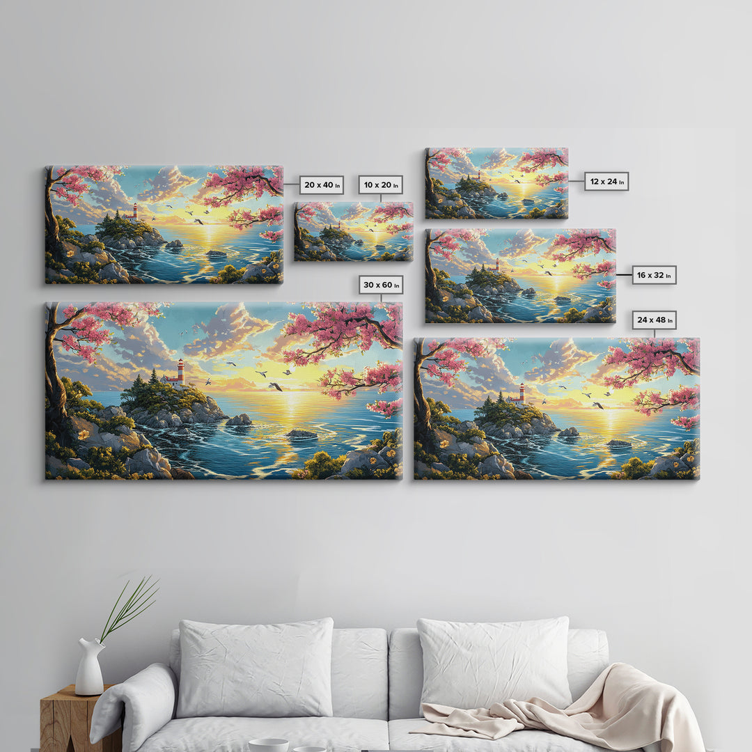 Cherry Blossom Lighthouse Over Golden Sea Framed Canvas Print, Coastal Wall Art, Spring Decor, Ocean Landscape Art Gift Idea