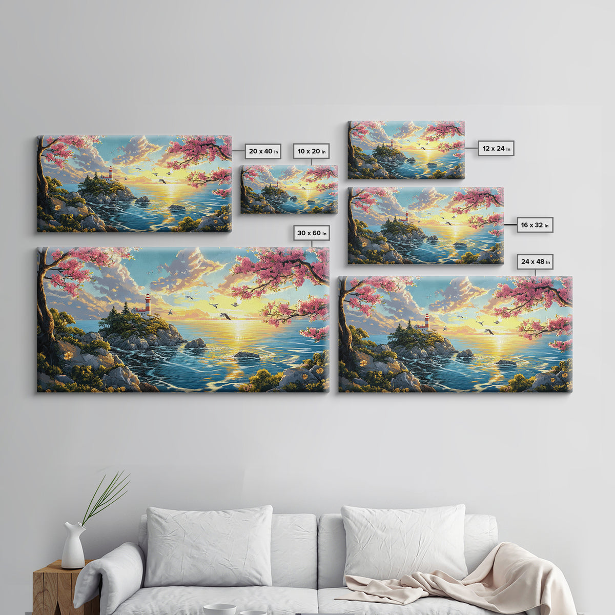 Cherry Blossom Lighthouse Over Golden Sea Framed Canvas Print, Coastal Wall Art, Spring Decor, Ocean Landscape Art Gift Idea