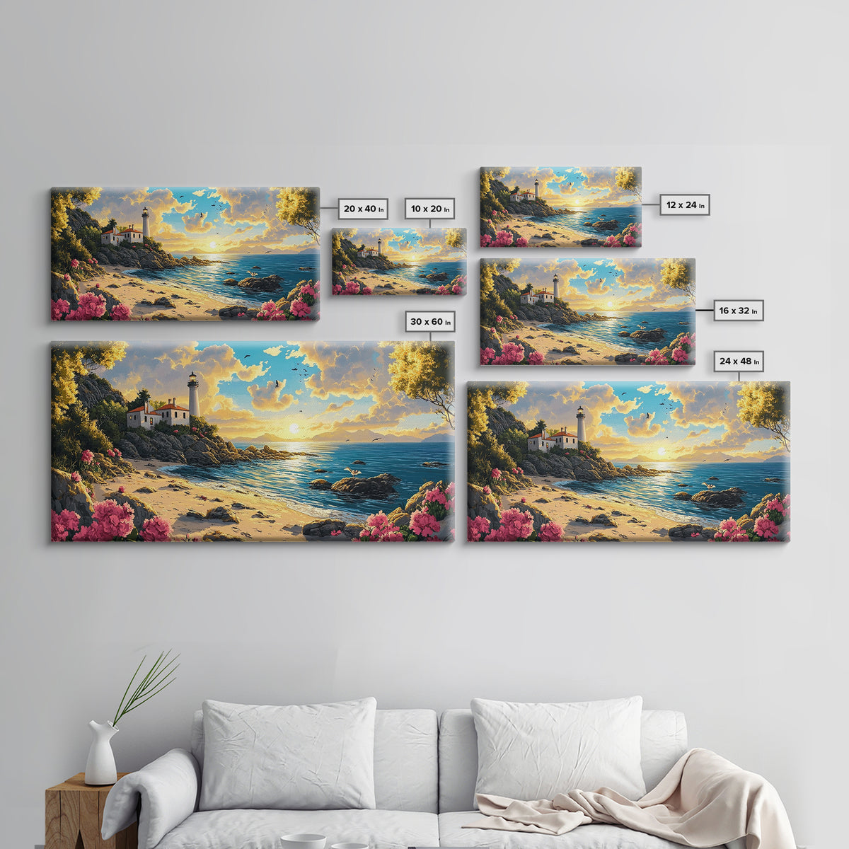 Rocky Beach Lighthouse At Warm Sunset Canvas Print, Coastal Wall Art, Ocean Seascape, Beach House Living Room Decor Gift