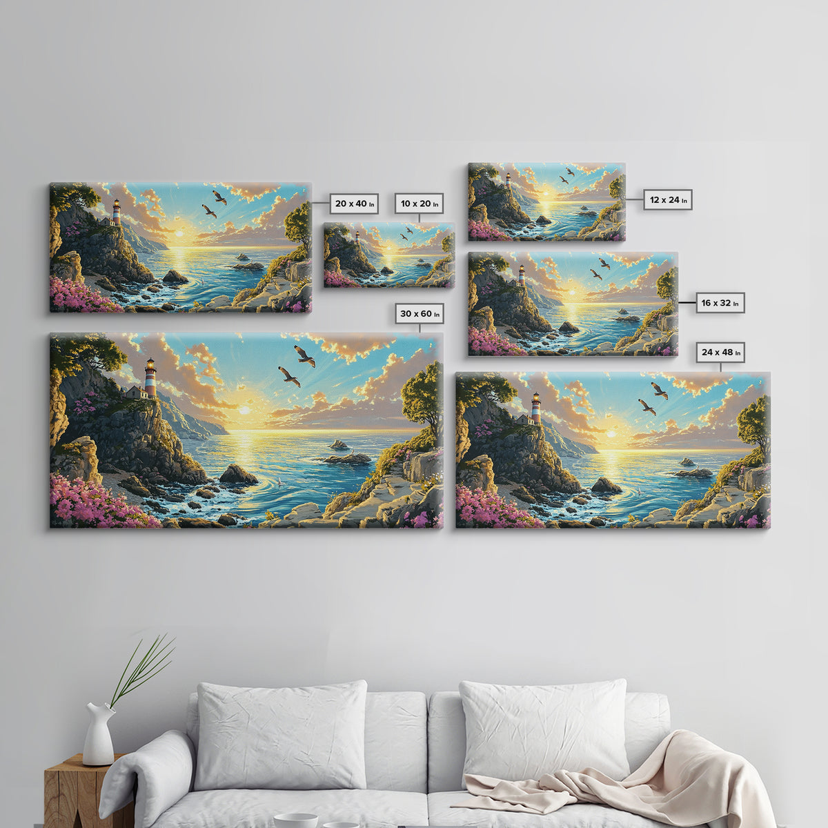 Clifftop Lighthouse Path With Seagulls Framed Canvas Print, Coastal Wall Art, Panoramic Ocean Art, Beach House Decor Gift