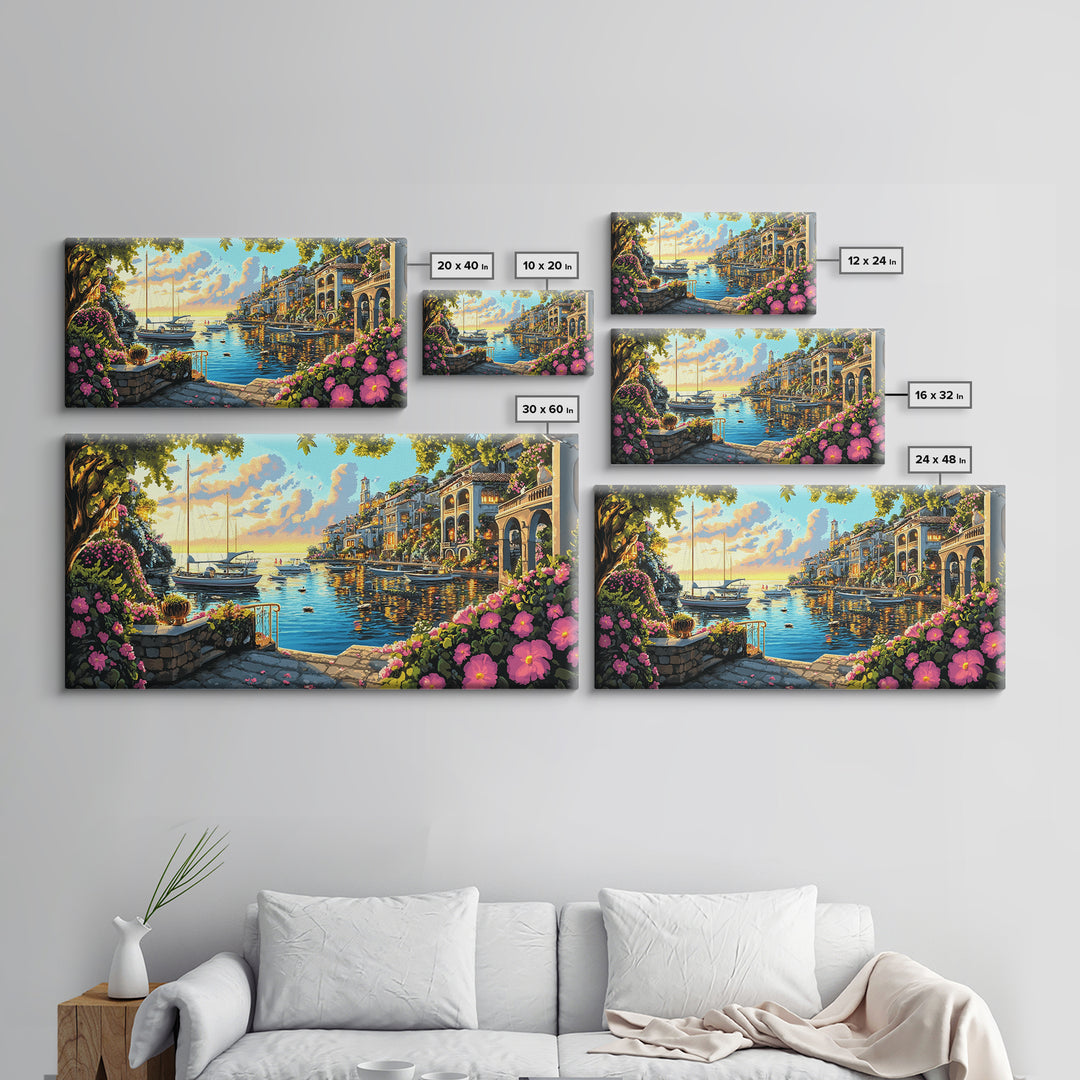 Flower Filled Mediterranean Marina At Sunset Canvas Print, Coastal Wall Art, Italy Decor, Canal Village Landscape Print Gift