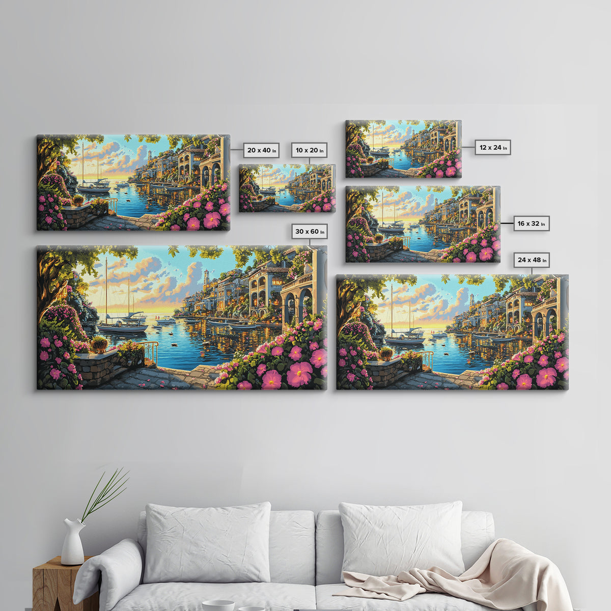 Flower Filled Mediterranean Marina At Sunset Canvas Print, Coastal Wall Art, Italy Decor, Canal Village Landscape Print Gift