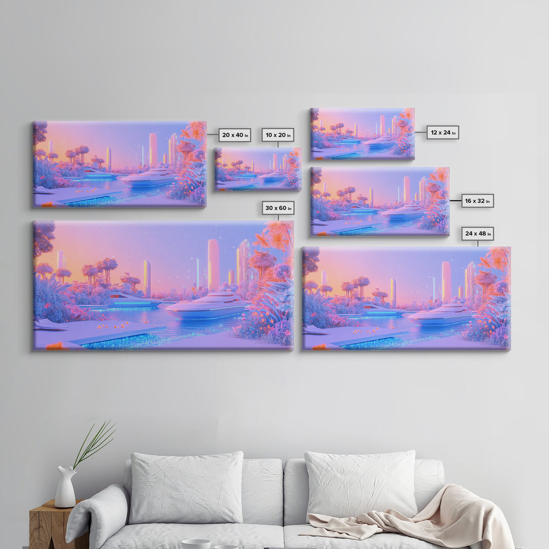 Pastel Futuristic Yacht Canal With Pink Palms Canvas Print, Sci Fi Wall Art, Vaporwave Decor, Dreamy Coastal Poster For Bedroom