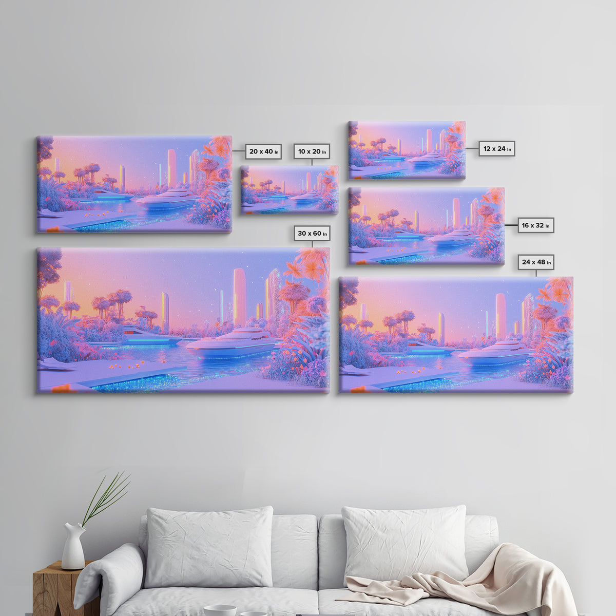 Pastel Futuristic Yacht Canal With Pink Palms Canvas Print, Sci Fi Wall Art, Vaporwave Decor, Dreamy Coastal Poster For Bedroom