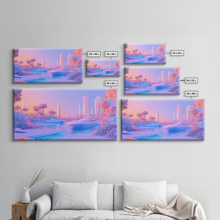 Pastel Futuristic Yacht Canal With Pink Palms Canvas Print, Sci Fi Wall Art, Vaporwave Decor, Dreamy Coastal Poster For Bedroom