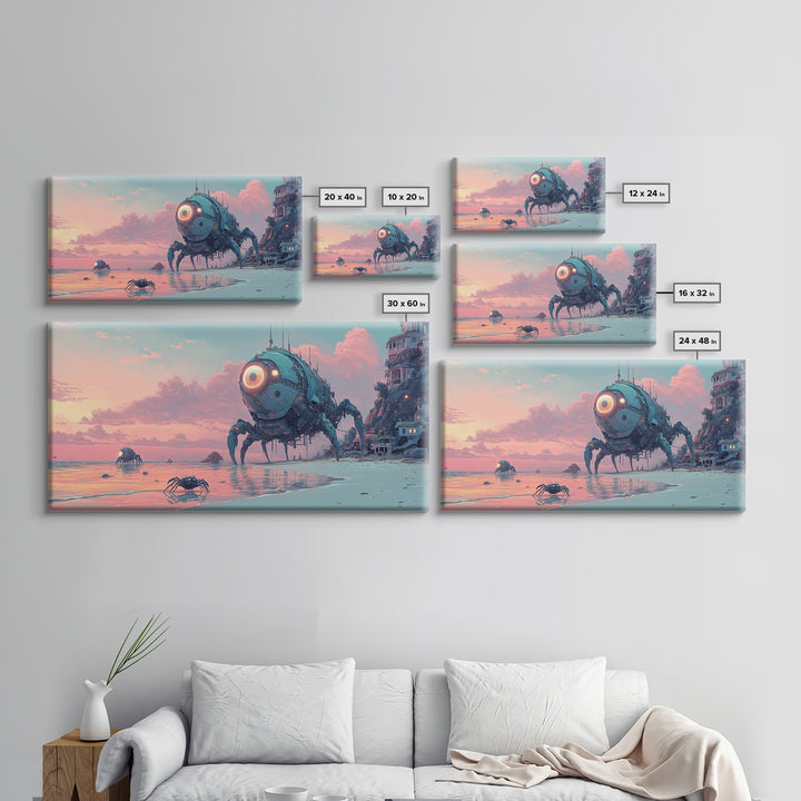 Robot Crab Beach Sunset Wall Art, Sci Fi Coastal Canvas, Futuristic Ocean Decor, Cyberpunk Seascape Print, Gamer Gift For Him