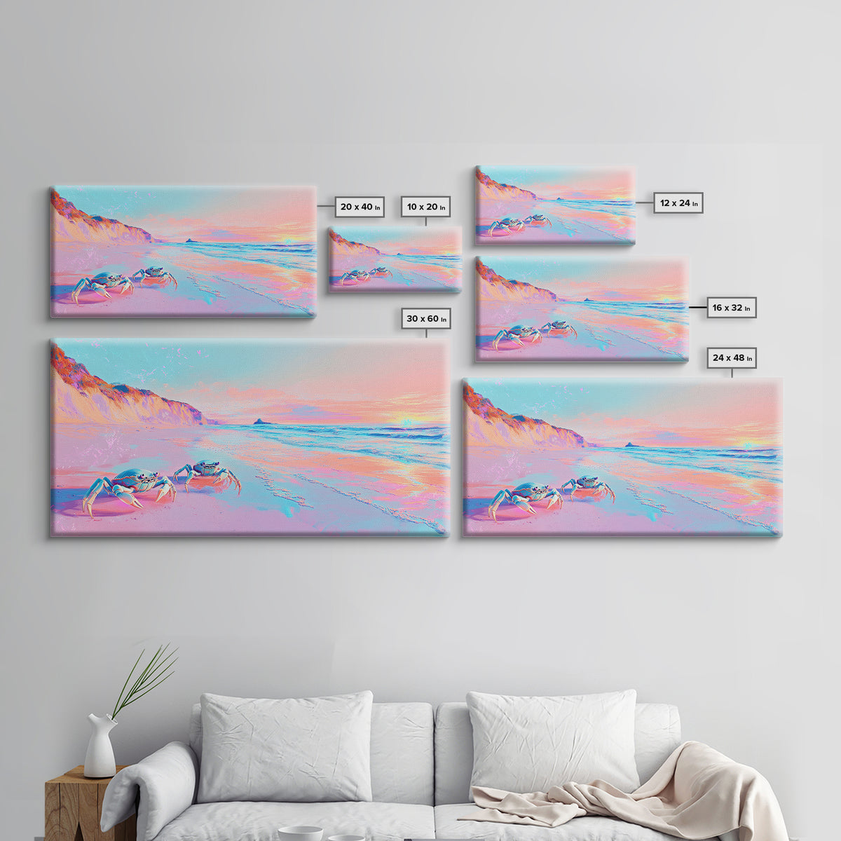 Pastel Crabs On Pink Beach Canvas Print, Coastal Wall Decor, Ocean Sunset Art, Tropical Nursery Decor, Beach House Gift For Her