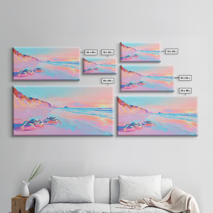 Pastel Crabs On Pink Beach Canvas Print, Coastal Wall Decor, Ocean Sunset Art, Tropical Nursery Decor, Beach House Gift For Her