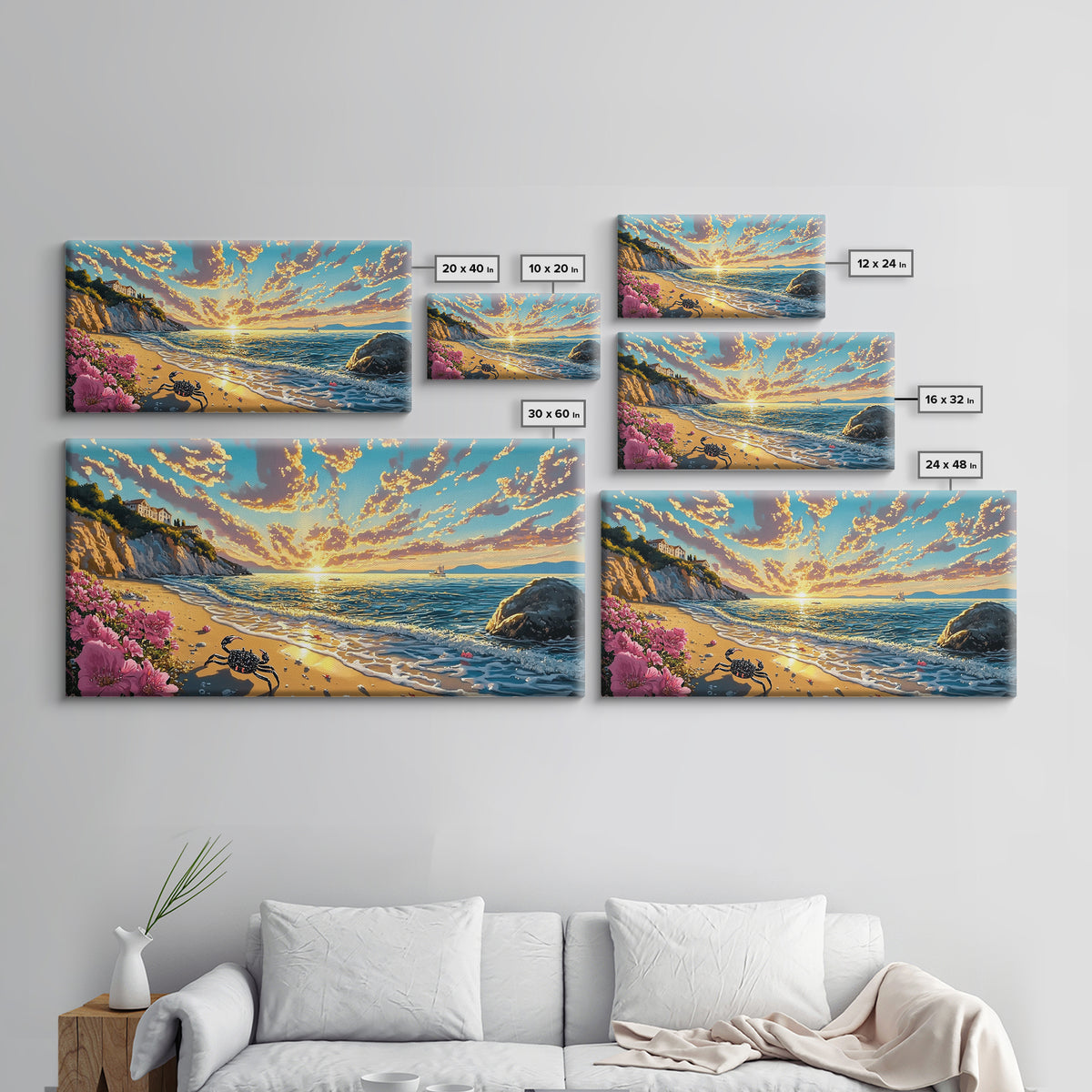 Golden Coastal Sunset With Crab Wall Art, Mediterranean Beach House Decor, Ocean Seascape Print, Living Room Canvas Art Gift