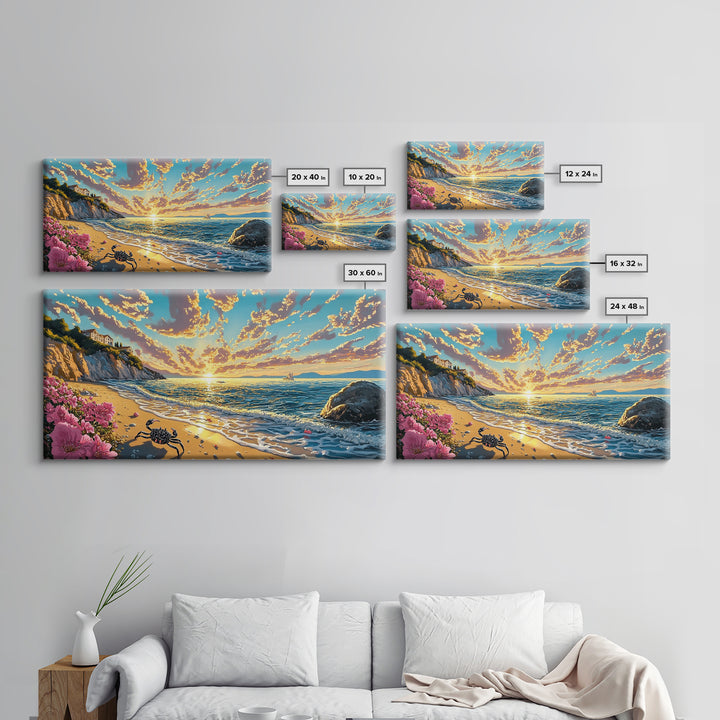 Golden Coastal Sunset With Crab Wall Art, Mediterranean Beach House Decor, Ocean Seascape Print, Living Room Canvas Art Gift