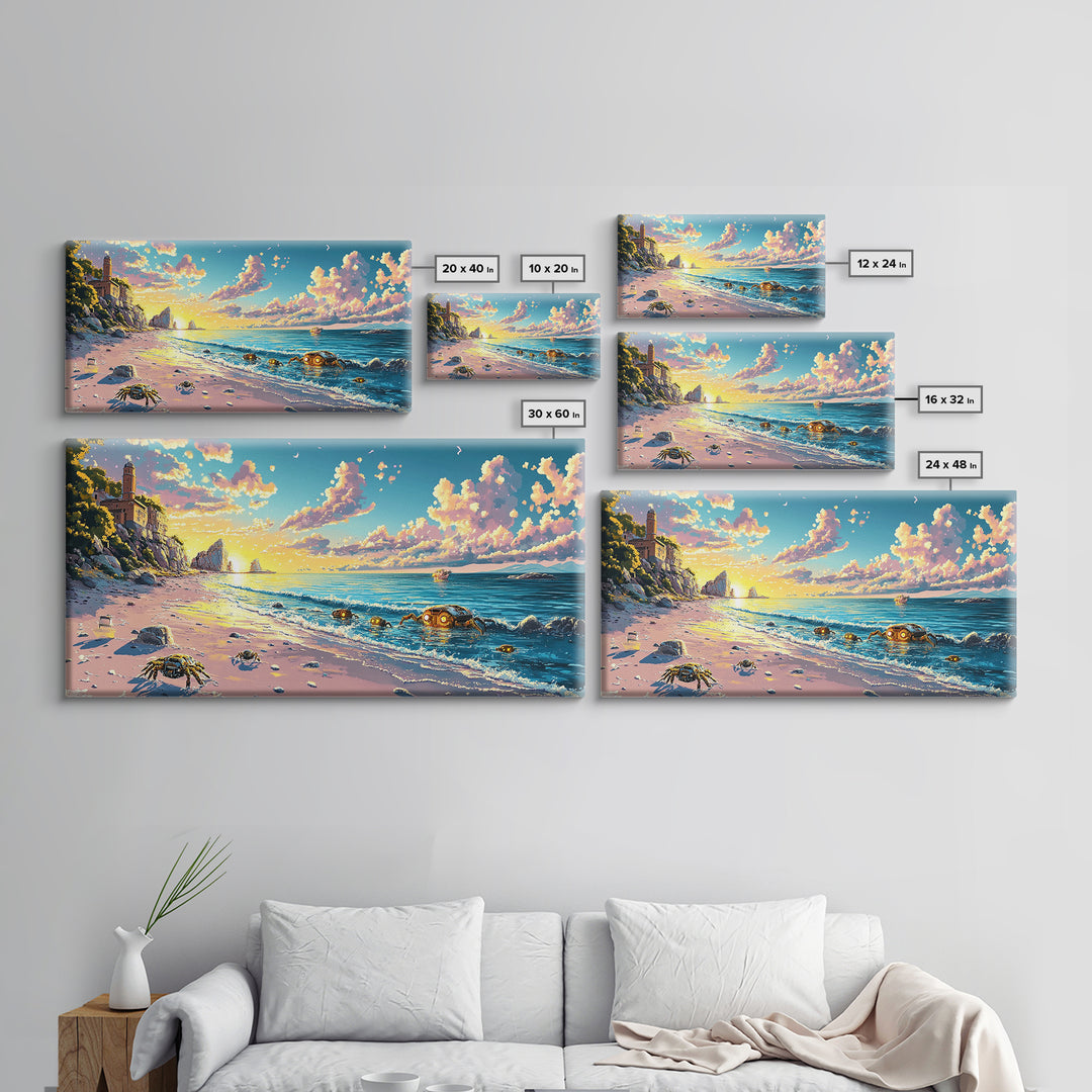 Sunlit Lighthouse Cove And Robot Crab Canvas Print, Coastal Sci Fi Wall Decor, Ocean Beach Art, Futuristic Nautical Gift