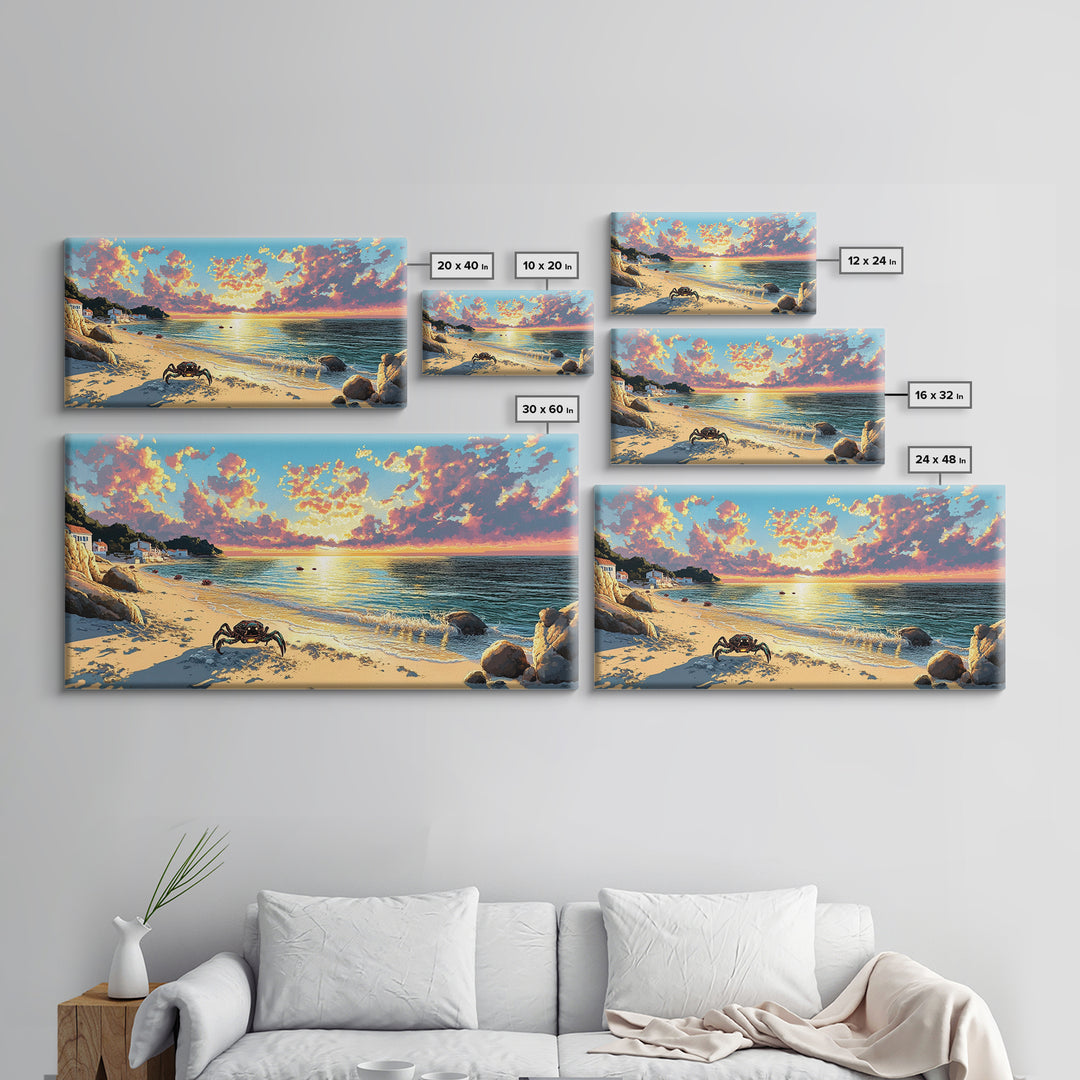 Crab On Golden Beach At Sunset Wall Art, Coastal Seascape Print, Ocean House Decor, Tropical Living Room Canvas Gift For Her