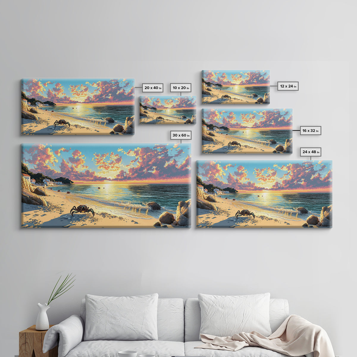 Crab On Golden Beach At Sunset Wall Art, Coastal Seascape Print, Ocean House Decor, Tropical Living Room Canvas Gift For Her