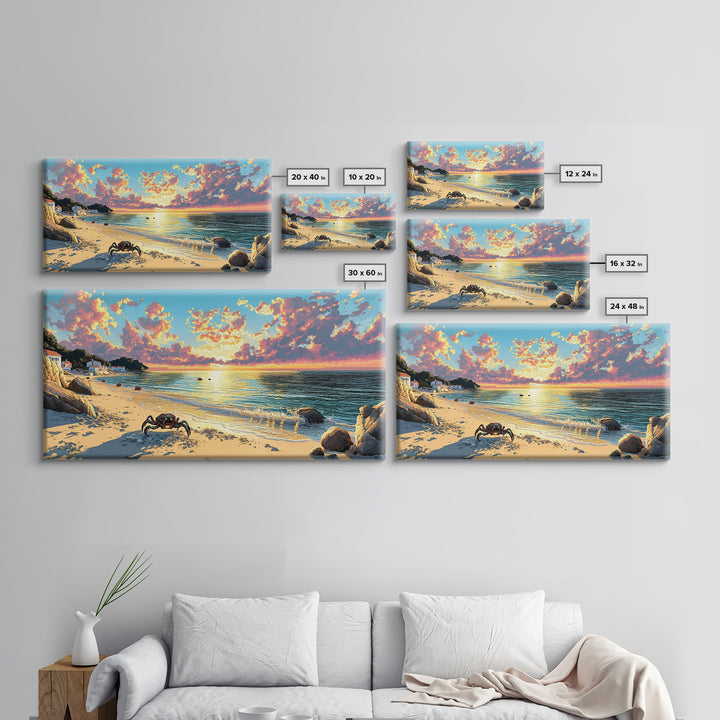 Crab On Golden Beach At Sunset Wall Art, Coastal Seascape Print, Ocean House Decor, Tropical Living Room Canvas Gift For Her