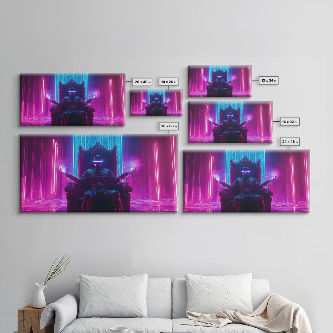 Neon Cyberpunk King On Throne Framed Canvas Print, Futuristic Wall Art, Sci Fi Gaming Room Decor, Dark Fantasy Gift For Him