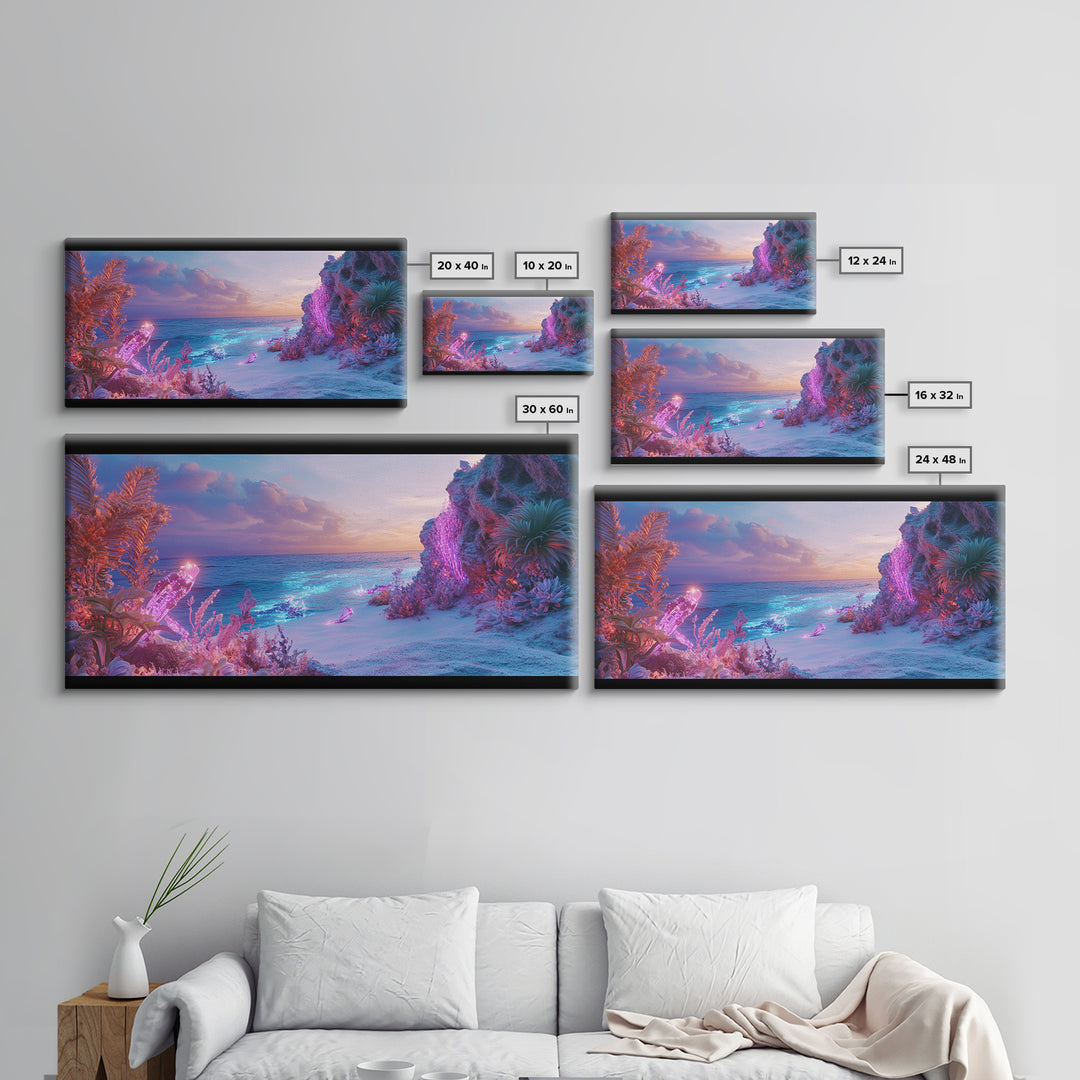 Neon Fantasy Beach With Glowing Coral Canvas Print, Tropical Ocean Wall Art, Cyberpunk Coastal Decor, Ethereal Seascape Print
