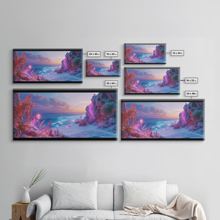 Neon Fantasy Beach With Glowing Coral Canvas Print, Tropical Ocean Wall Art, Cyberpunk Coastal Decor, Ethereal Seascape Print