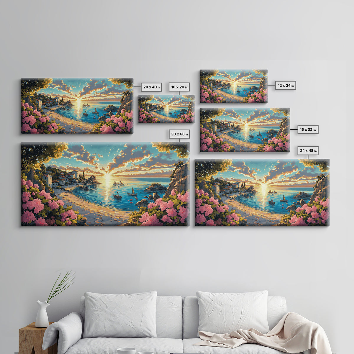Italian Coastal Village Sunrise Wall Art, Mediterranean Cove Canvas, Beach House Decor, Panoramic Seascape Living Room Print