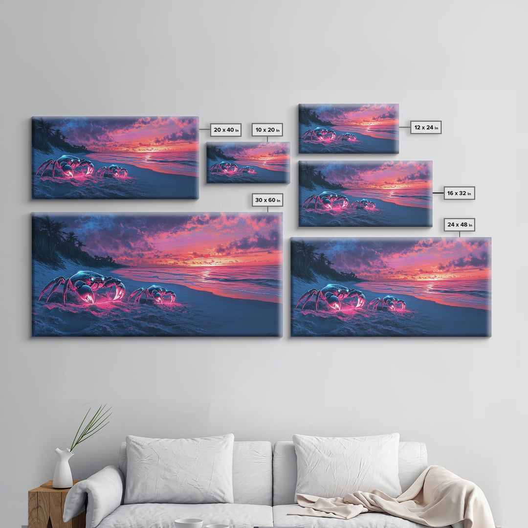 Glowing Neon Crabs On Twilight Beach Canvas Print, Cyberpunk Ocean Wall Art, Tropical Coastal Decor, Sci Fi Seascape Gift