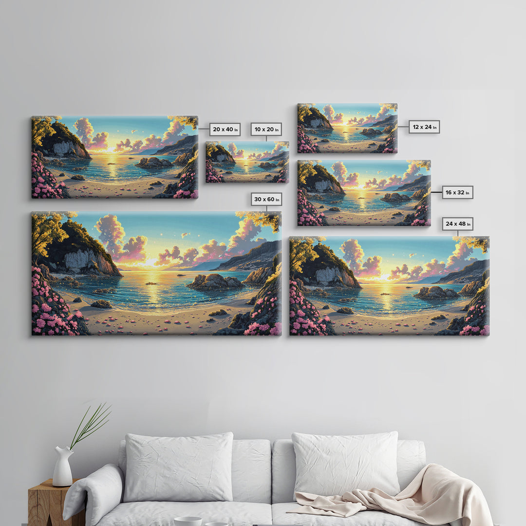 Mountain Cove Sunset With Pink Flowers Wall Art, Coastal Lake Canvas Print, Nature Landscape Decor, Serene Beach House Gift