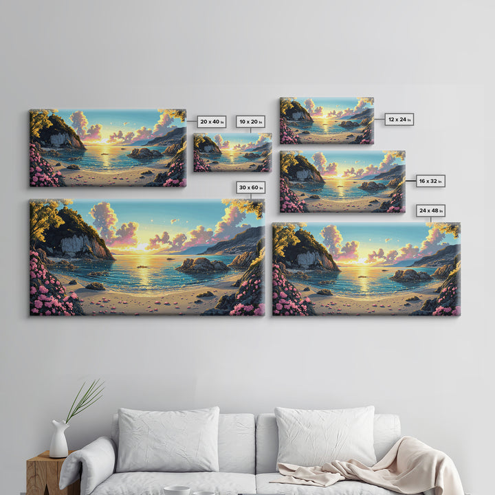 Mountain Cove Sunset With Pink Flowers Wall Art, Coastal Lake Canvas Print, Nature Landscape Decor, Serene Beach House Gift