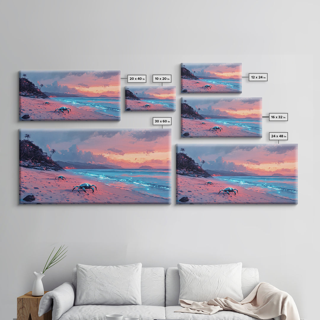 Bioluminescent Crab Beach At Pink Sunset Canvas Print, Coastal Wall Art, Ocean Decor, Beach House Gift, Fantasy Seascape
