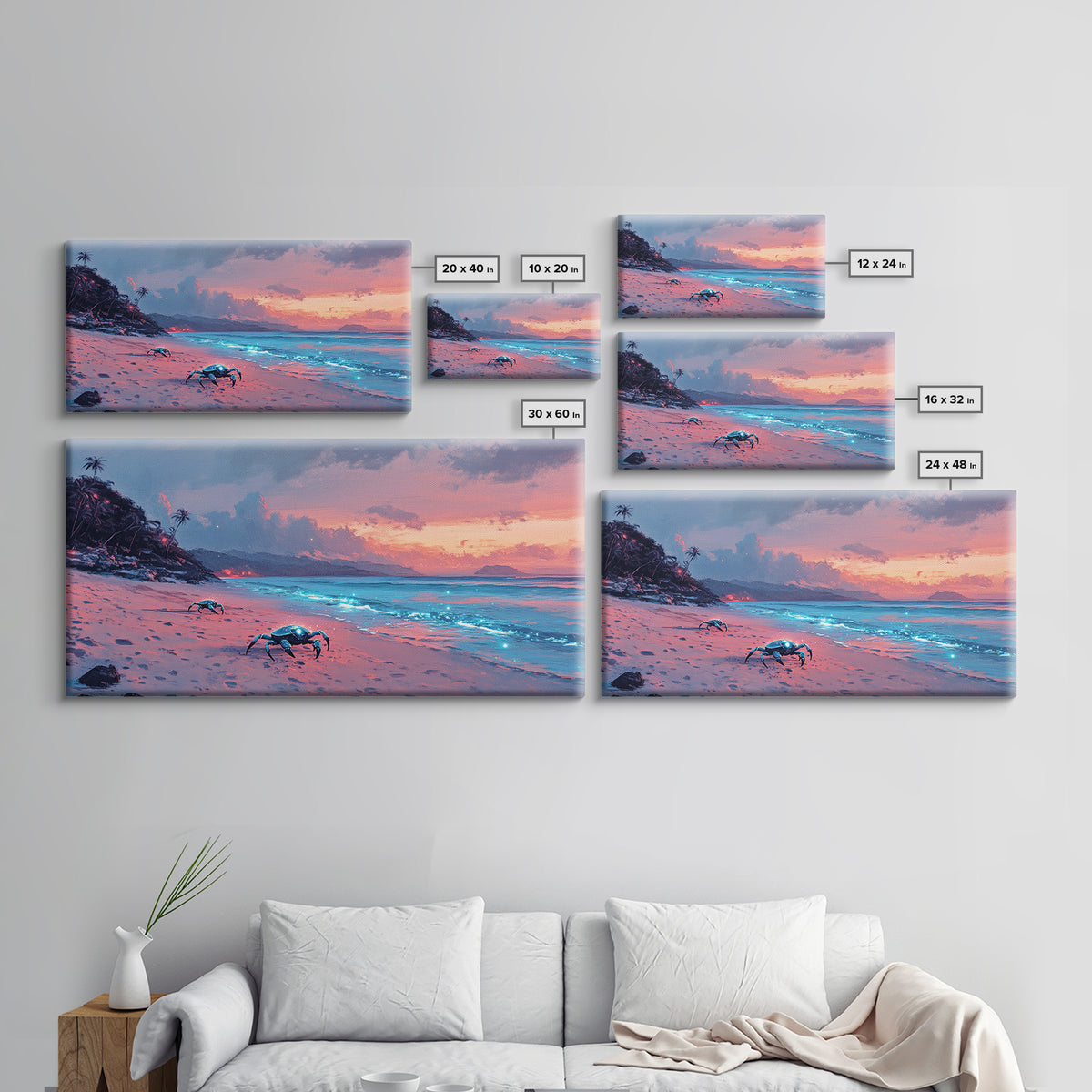 Bioluminescent Crab Beach At Pink Sunset Canvas Print, Coastal Wall Art, Ocean Decor, Beach House Gift, Fantasy Seascape