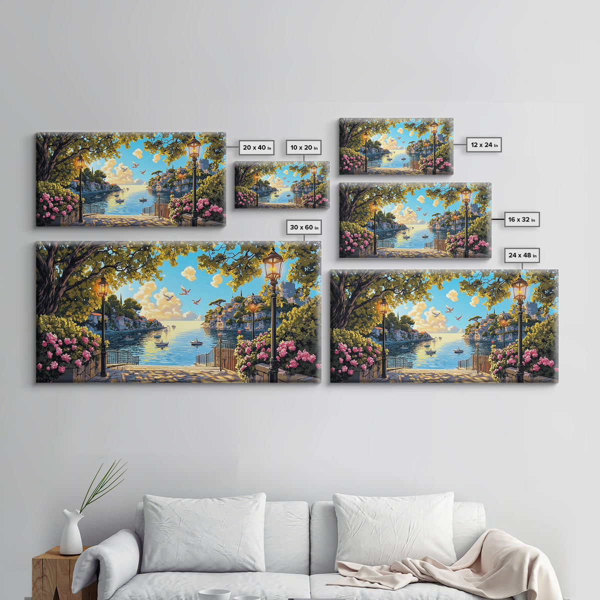 Sunny Mediterranean Harbor With Flowers And Lamps Wall Art, Coastal Canvas Print, Italian Decor, Living Room Wall Decor Gift