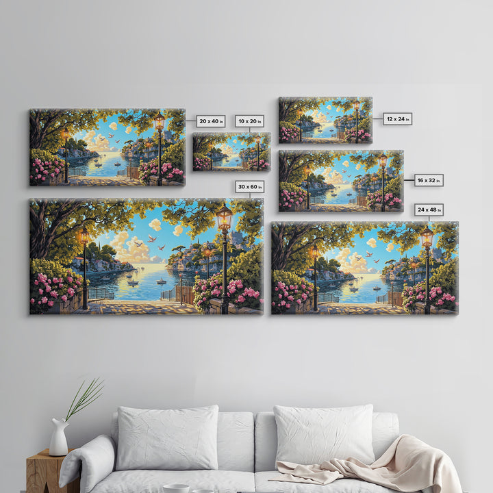 Sunny Mediterranean Harbor With Flowers And Lamps Wall Art, Coastal Canvas Print, Italian Decor, Living Room Wall Decor Gift