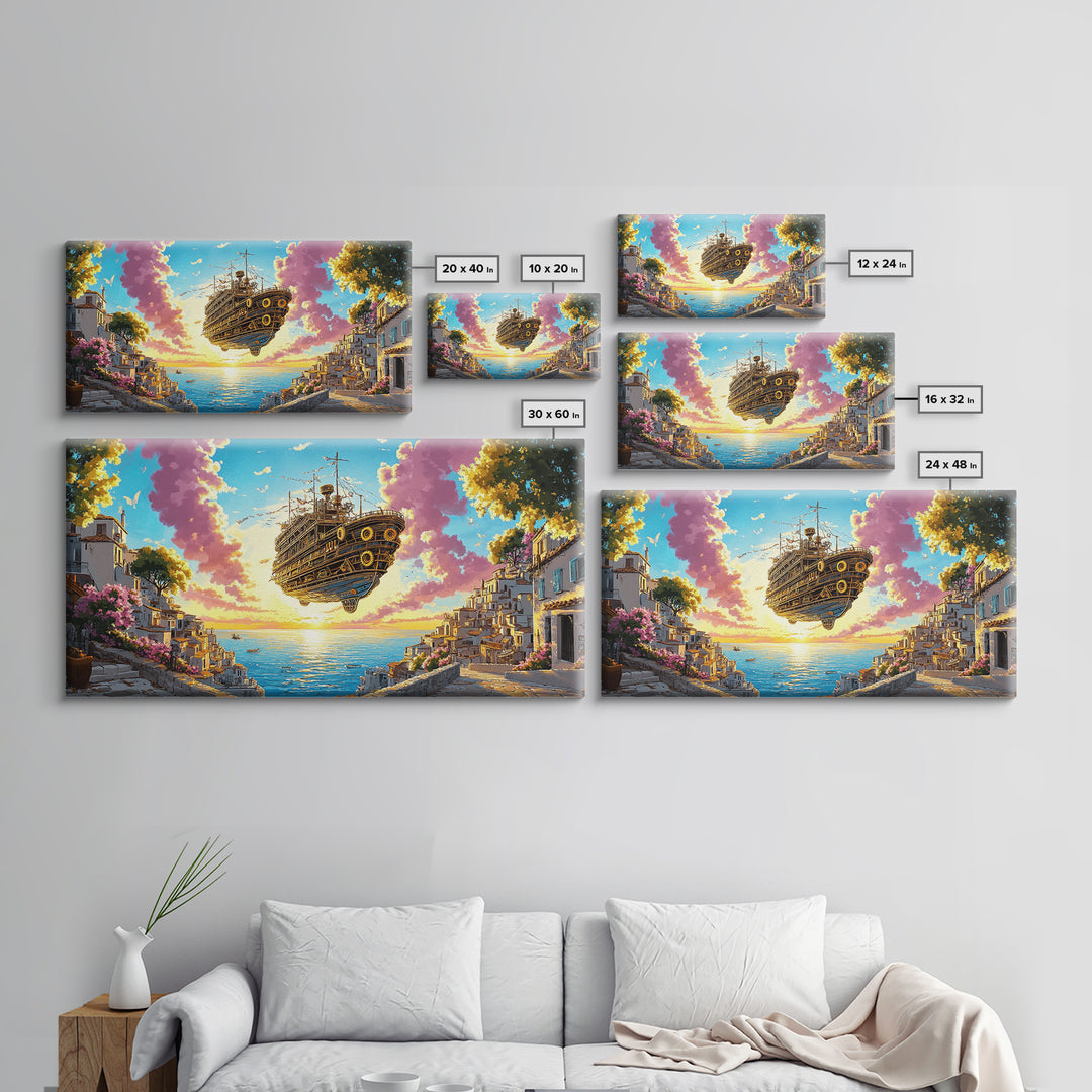 Floating Steampunk Ship Above White Coastal Village Canvas Print, Fantasy Wall Art, Mediterranean Decor, Travel Poster Gift