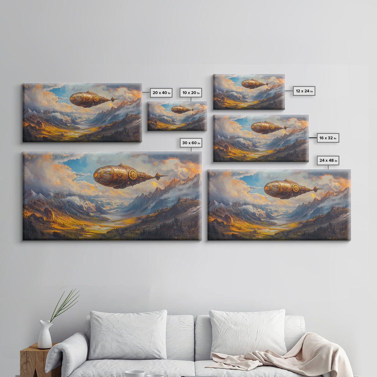 Golden Steampunk Airship Over Snowy Mountain Valley Canvas Print, Fantasy Wall Art, Moody Landscape Art, Office Decor Gift