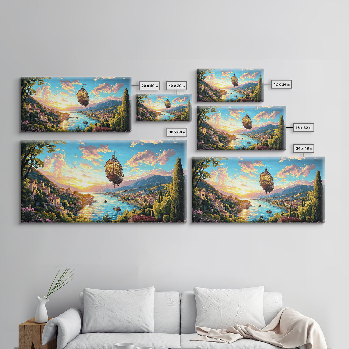 Ornate Airship Over Lake Como Sunset Framed Canvas Print, Italian Wall Art, Mediterranean Decor, Romantic Travel Poster Gift