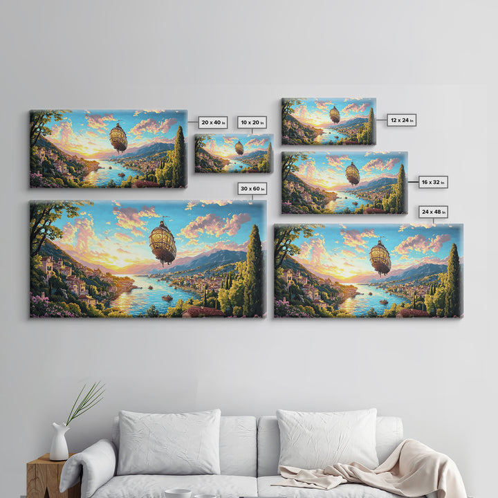 Ornate Airship Over Lake Como Sunset Framed Canvas Print, Italian Wall Art, Mediterranean Decor, Romantic Travel Poster Gift
